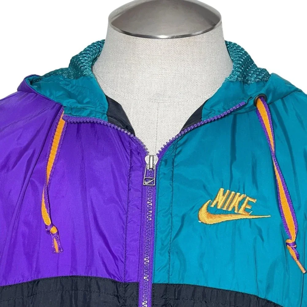 Nike Jacket Boys Large 14/16 Windbreaker Hoodie Color Block Zip Lined Hooded VTG